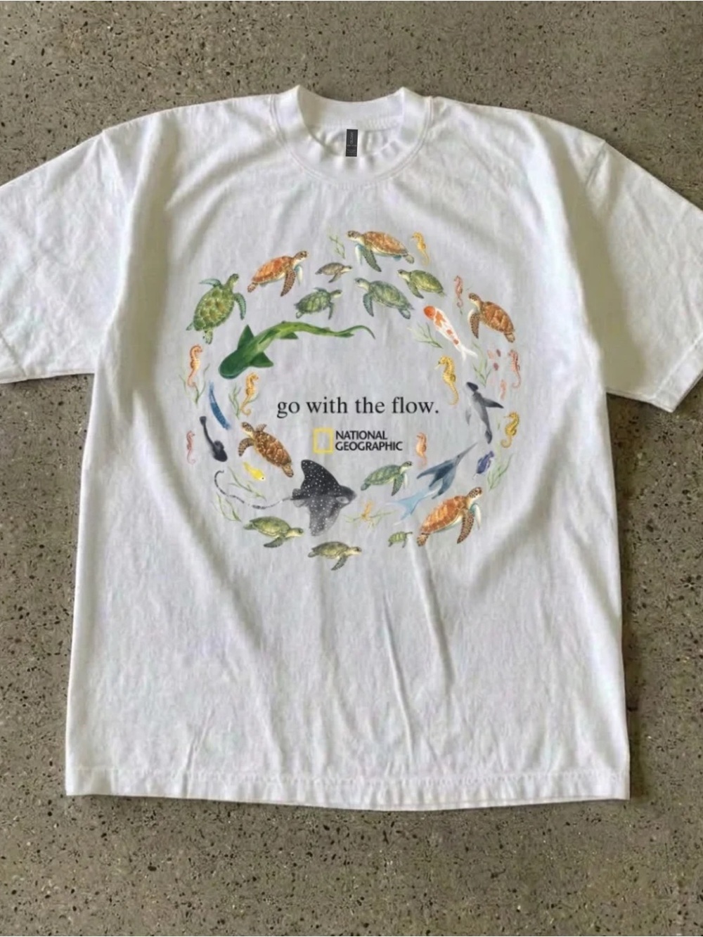 Gildan White Crewneck Tee with Multicolor Ocean Life Ring Graphic